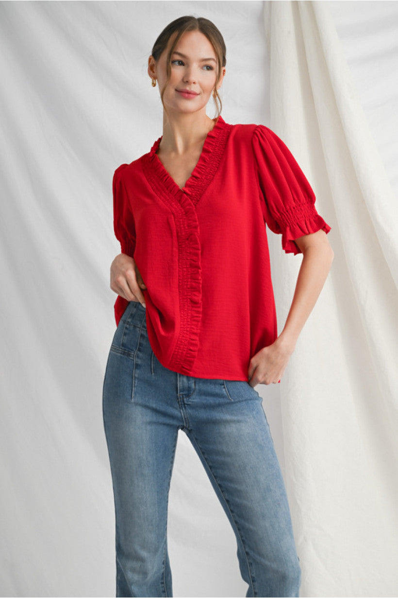 Jodfil smocked frilled edge top - Tomato Red