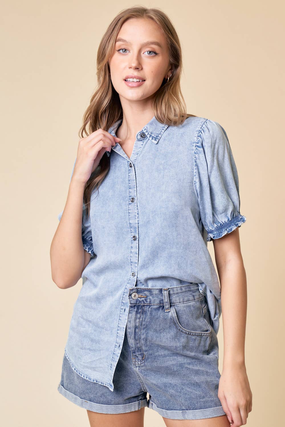 PUFF SLEEVE SHIRT - LT.DENIM