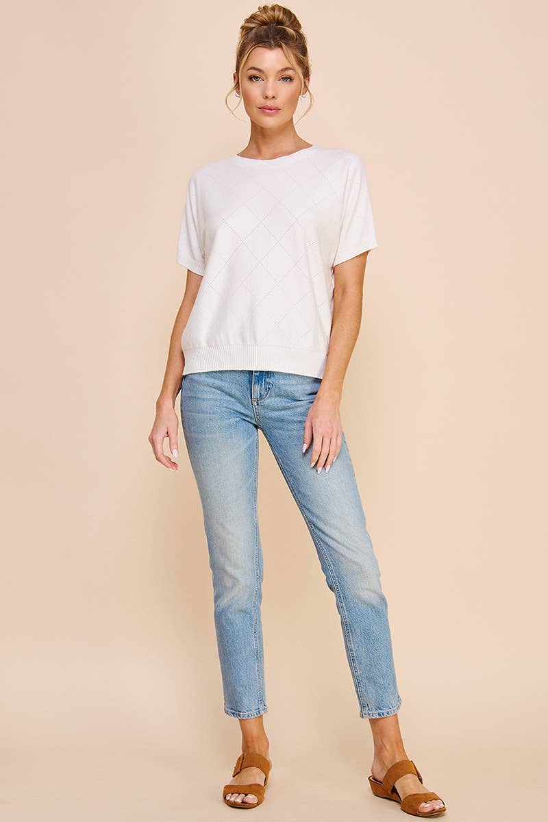 Short Sleeve Diamond Pointelle Top: Coral Rose