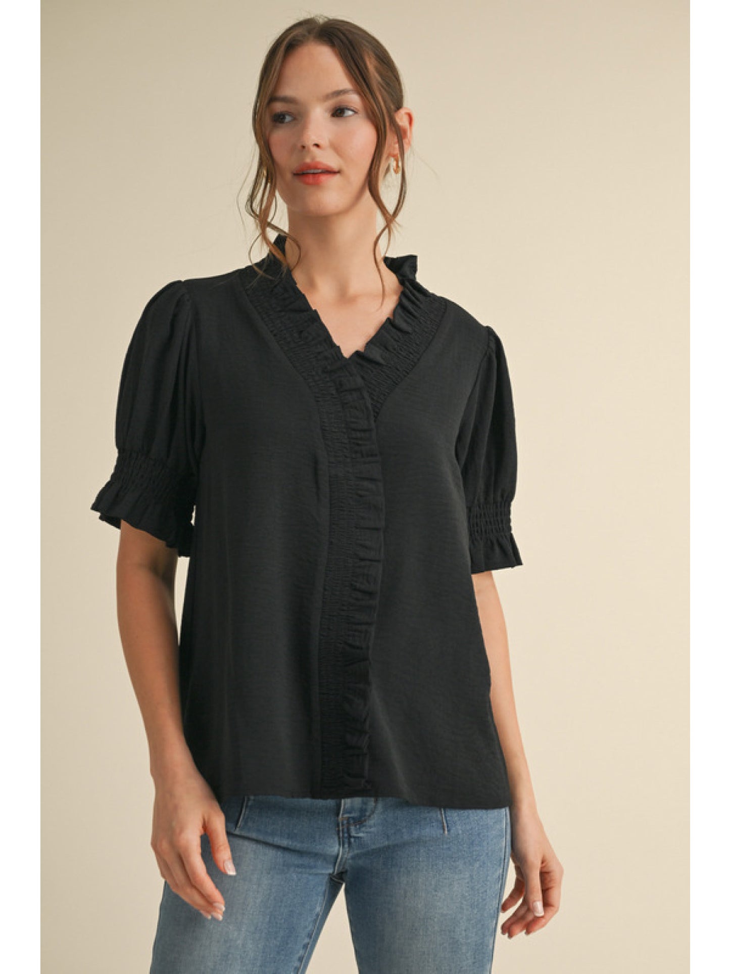Jodfil smocked frilled edge top - Black