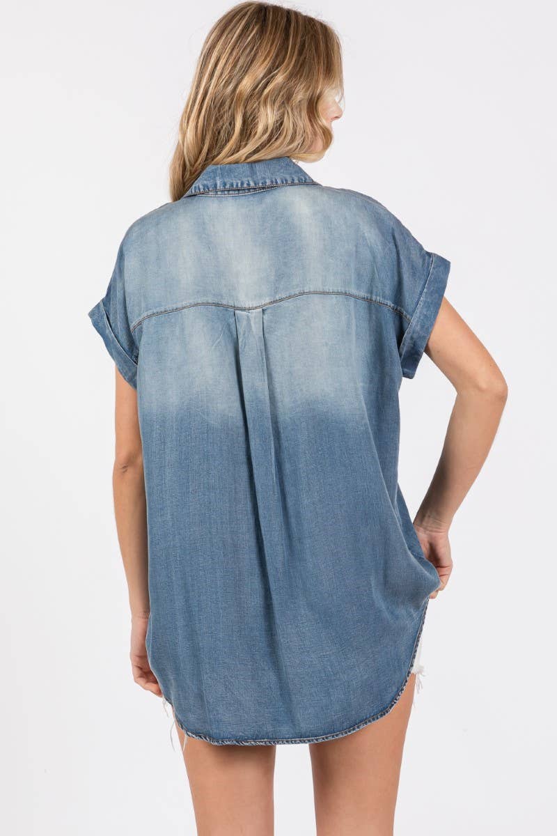 Washed Roll Up Short Sleeve Shirt- Bleachout: BLEACHOUT / L