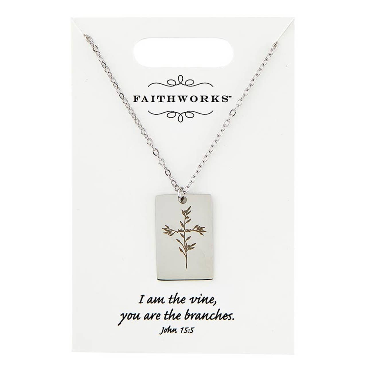 Square Pendant Necklace - Jesus is the Vine - Silver: Wipe Clean with Damp Cloth / Silver Plated / 15" L x 2" Extender