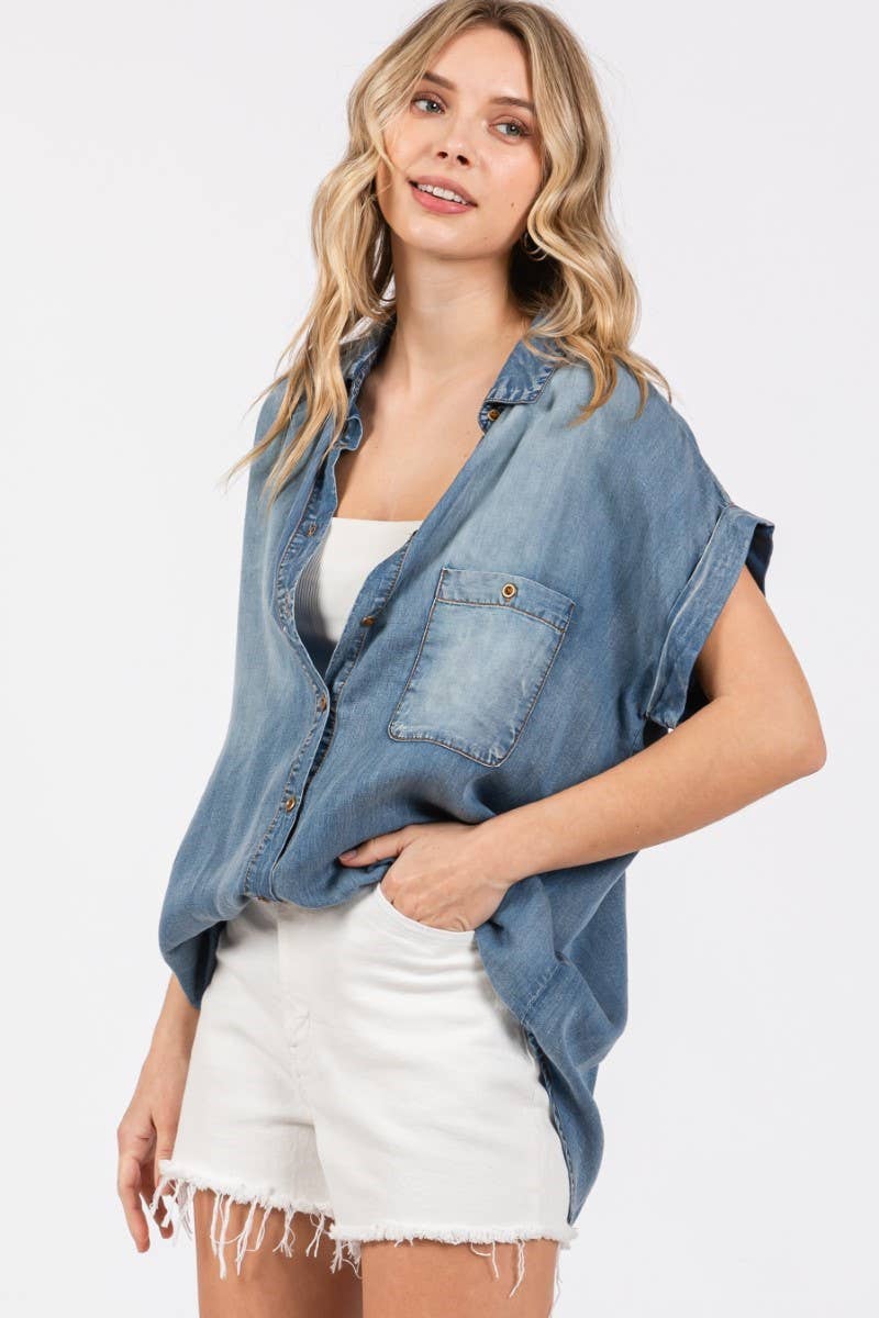 Washed Roll Up Short Sleeve Shirt- Bleachout: BLEACHOUT / L