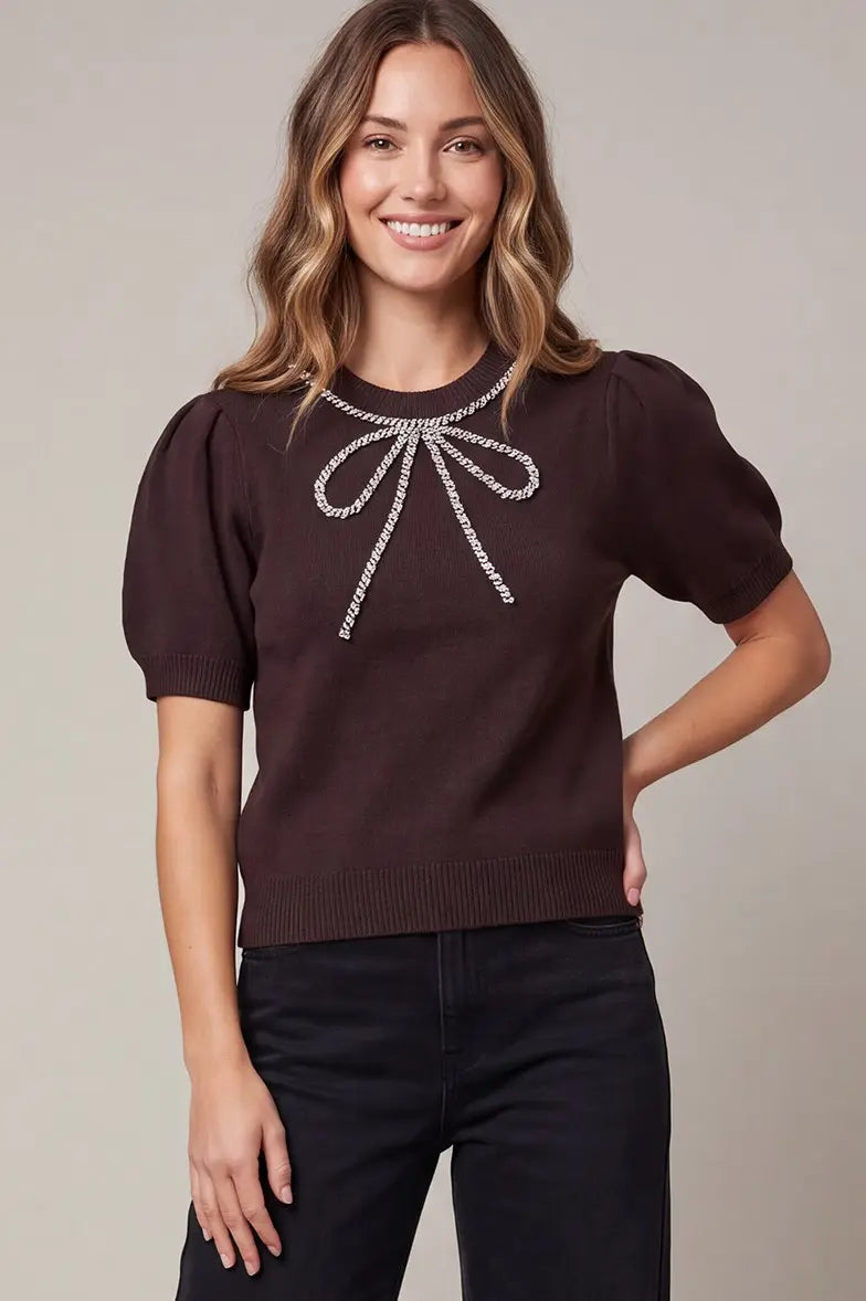 BEADED BOW SWEATER TOP