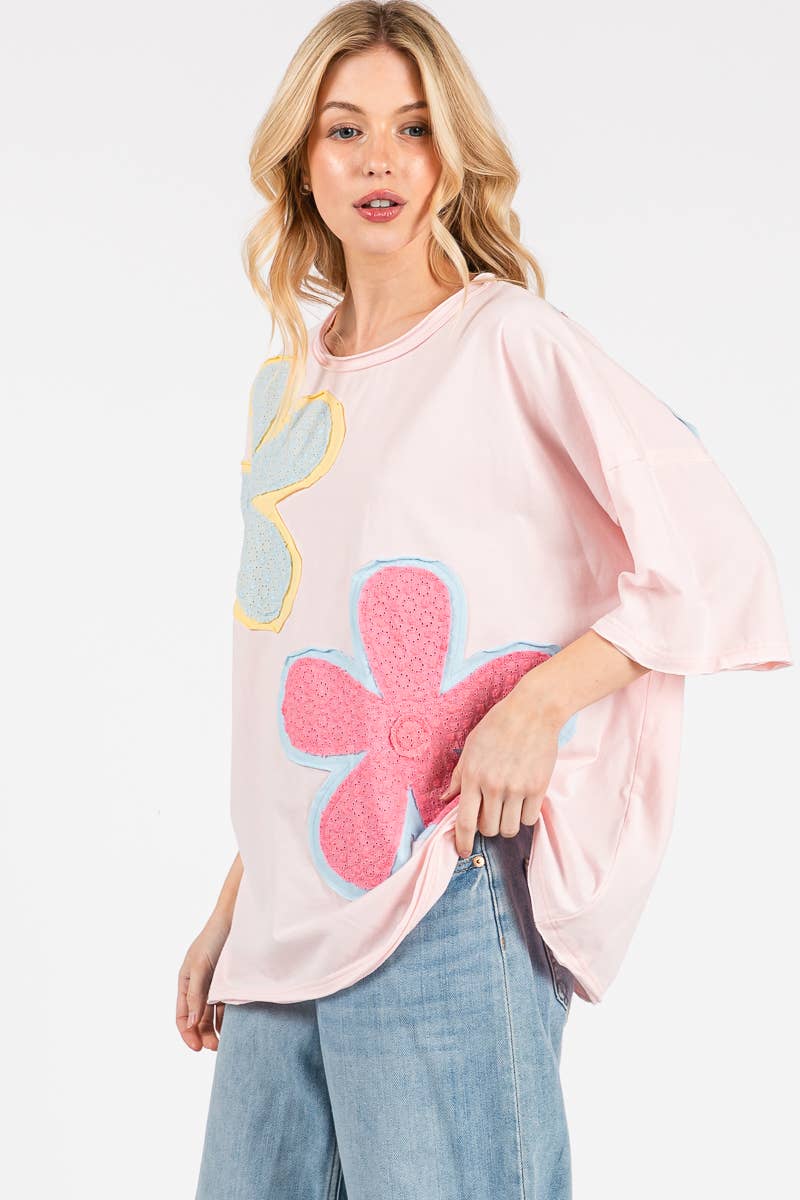 WASHED FLORAL PATCHWORK OVERSIZED TEE: DUSTY BLUE