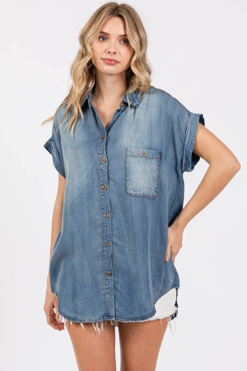 Washed Roll Up Short Sleeve Shirt- Bleachout: BLEACHOUT / L