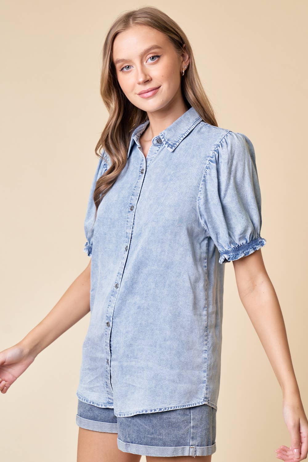 PUFF SLEEVE SHIRT - LT.DENIM