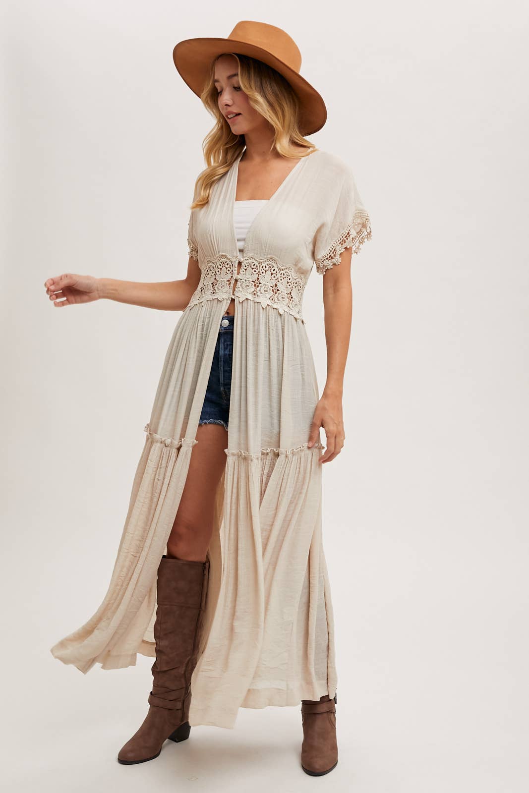 Bluivy OPEN FRONT LACE TRIMMED MAXI DUSTER SHORT SLEEVED CARDIGAN: Biege