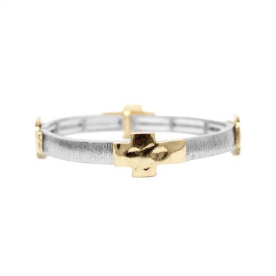 Silver Textured and Gold Cross Stretch Bracelet