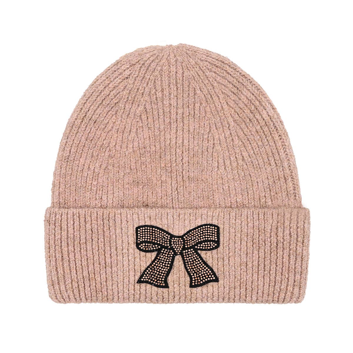 Rhinestone Ribbon Bow Embellishment C.C Beanie HTE0150: Taupe