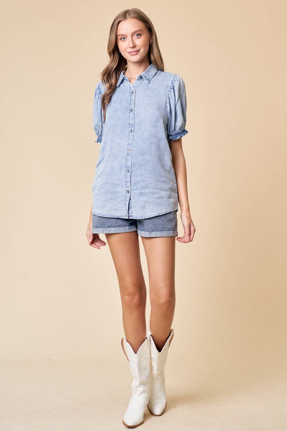 PUFF SLEEVE SHIRT - LT.DENIM