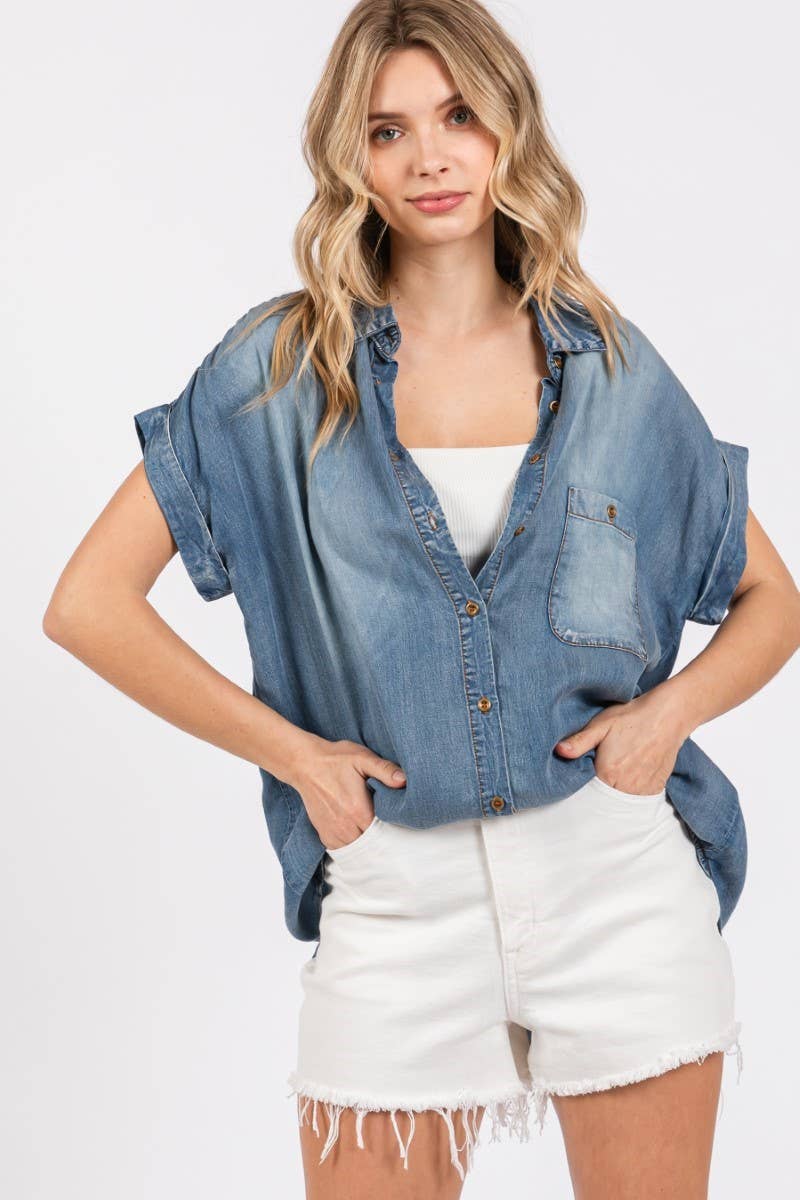 Washed Roll Up Short Sleeve Shirt- Bleachout: BLEACHOUT / L