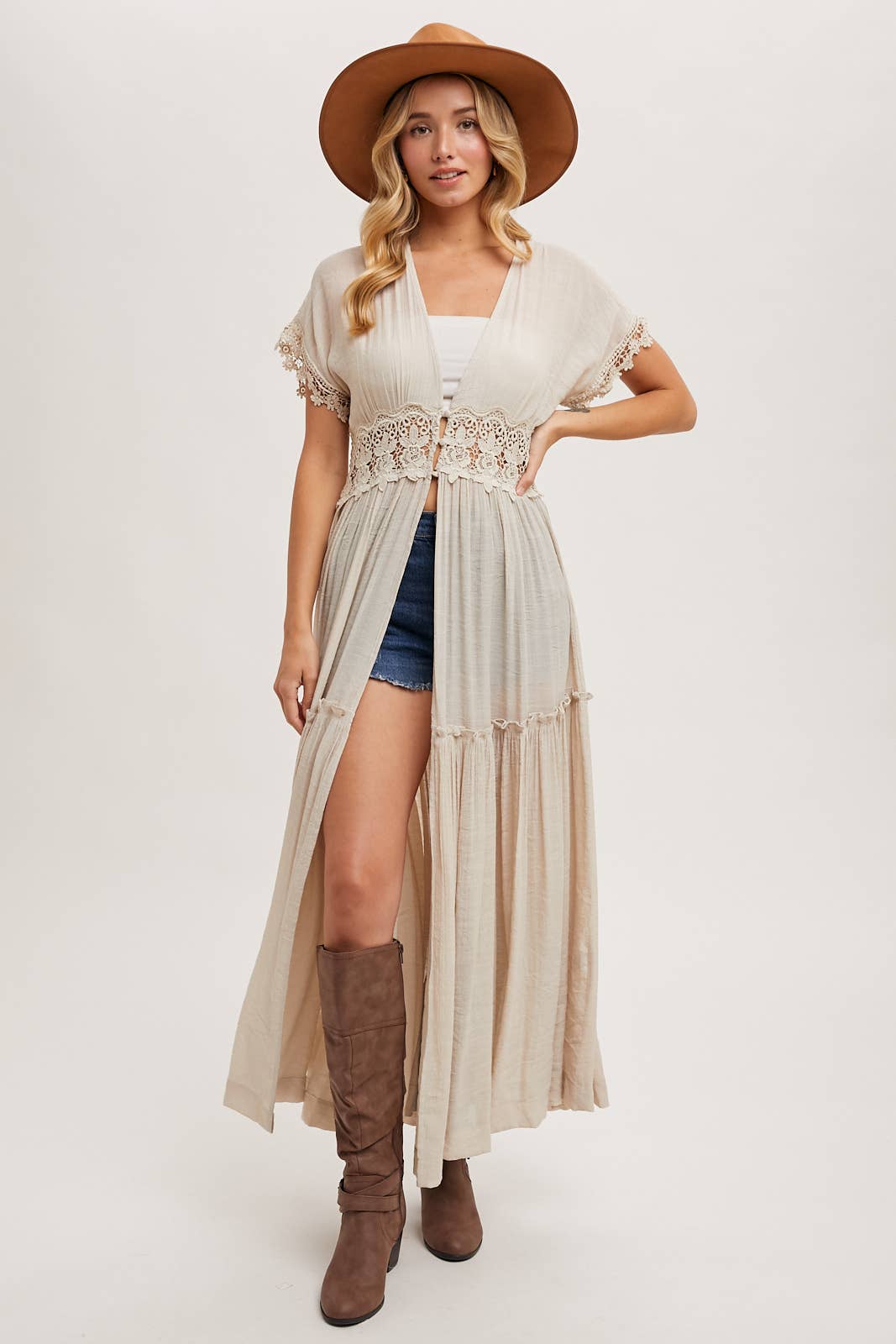 Bluivy OPEN FRONT LACE TRIMMED MAXI DUSTER SHORT SLEEVED CARDIGAN: Biege