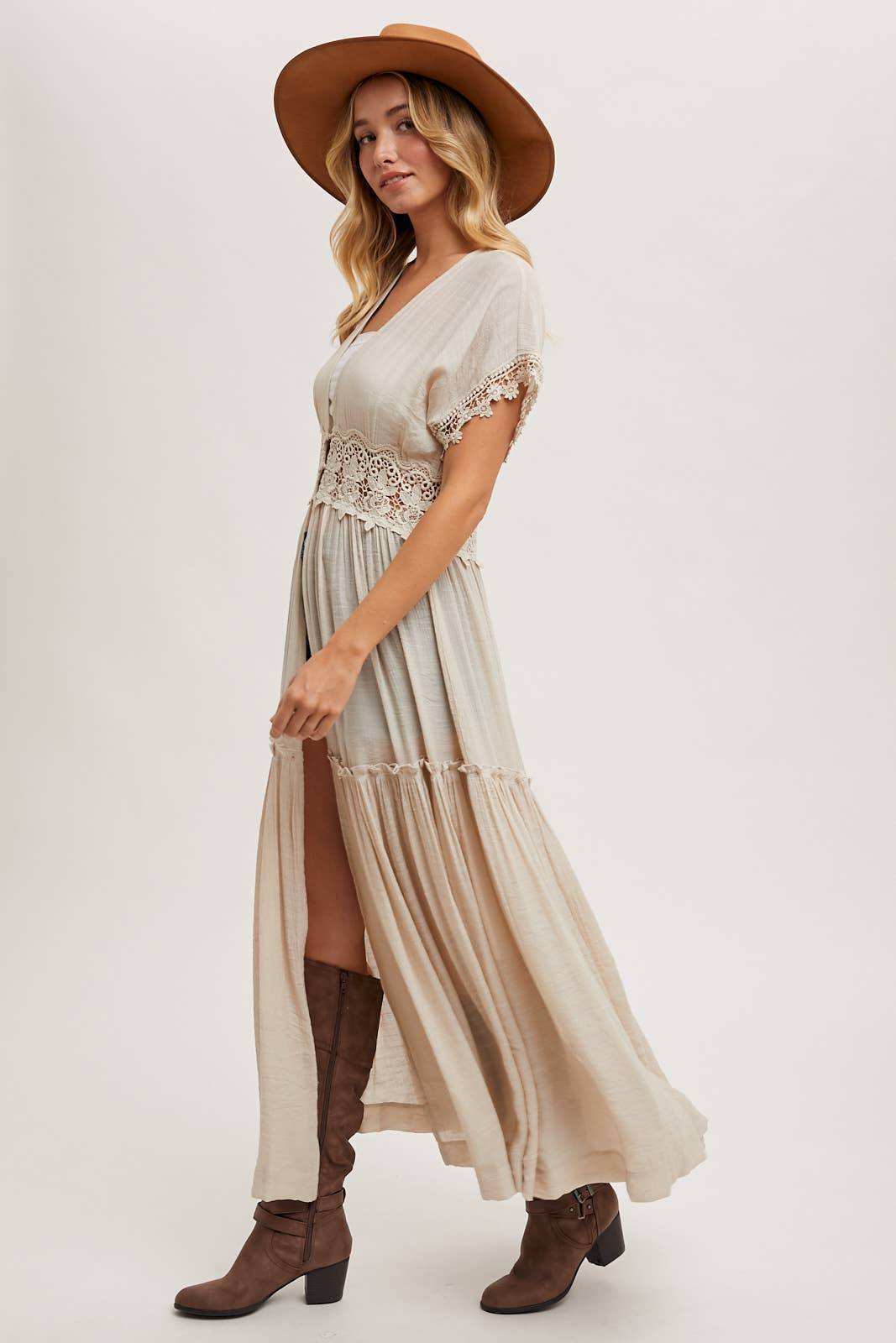 Bluivy OPEN FRONT LACE TRIMMED MAXI DUSTER SHORT SLEEVED CARDIGAN: Biege