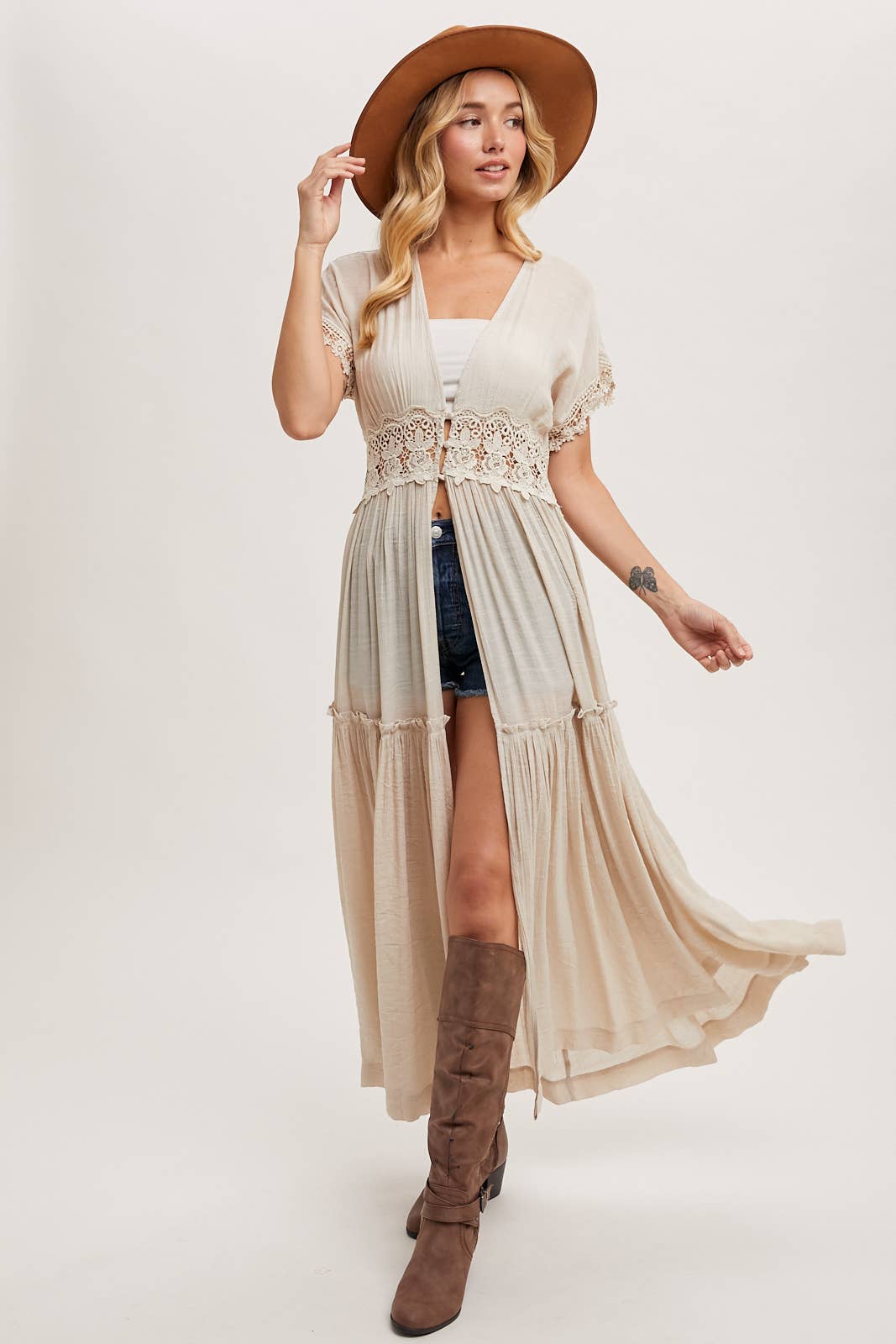 Bluivy OPEN FRONT LACE TRIMMED MAXI DUSTER SHORT SLEEVED CARDIGAN: Biege