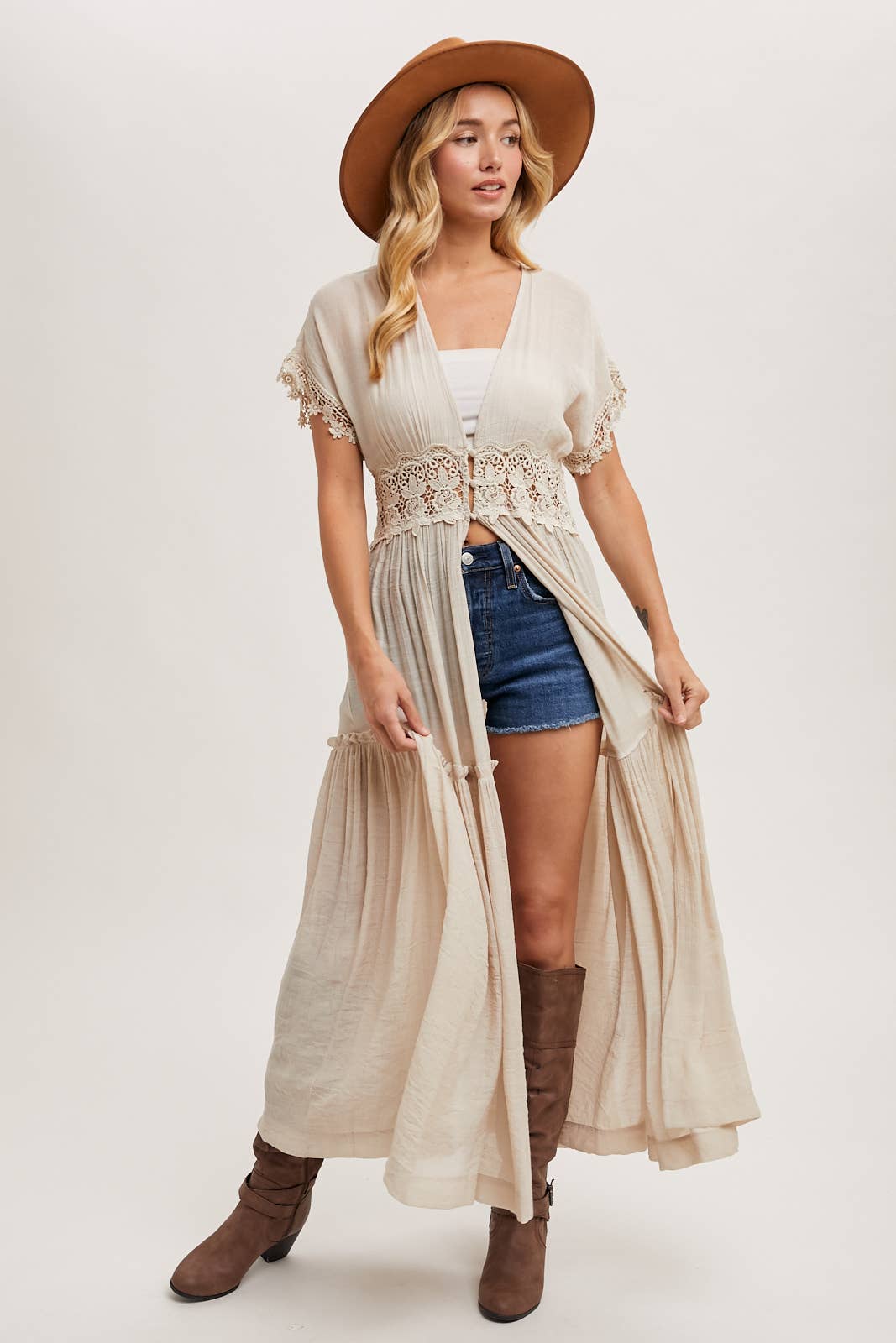 Bluivy OPEN FRONT LACE TRIMMED MAXI DUSTER SHORT SLEEVED CARDIGAN: Biege