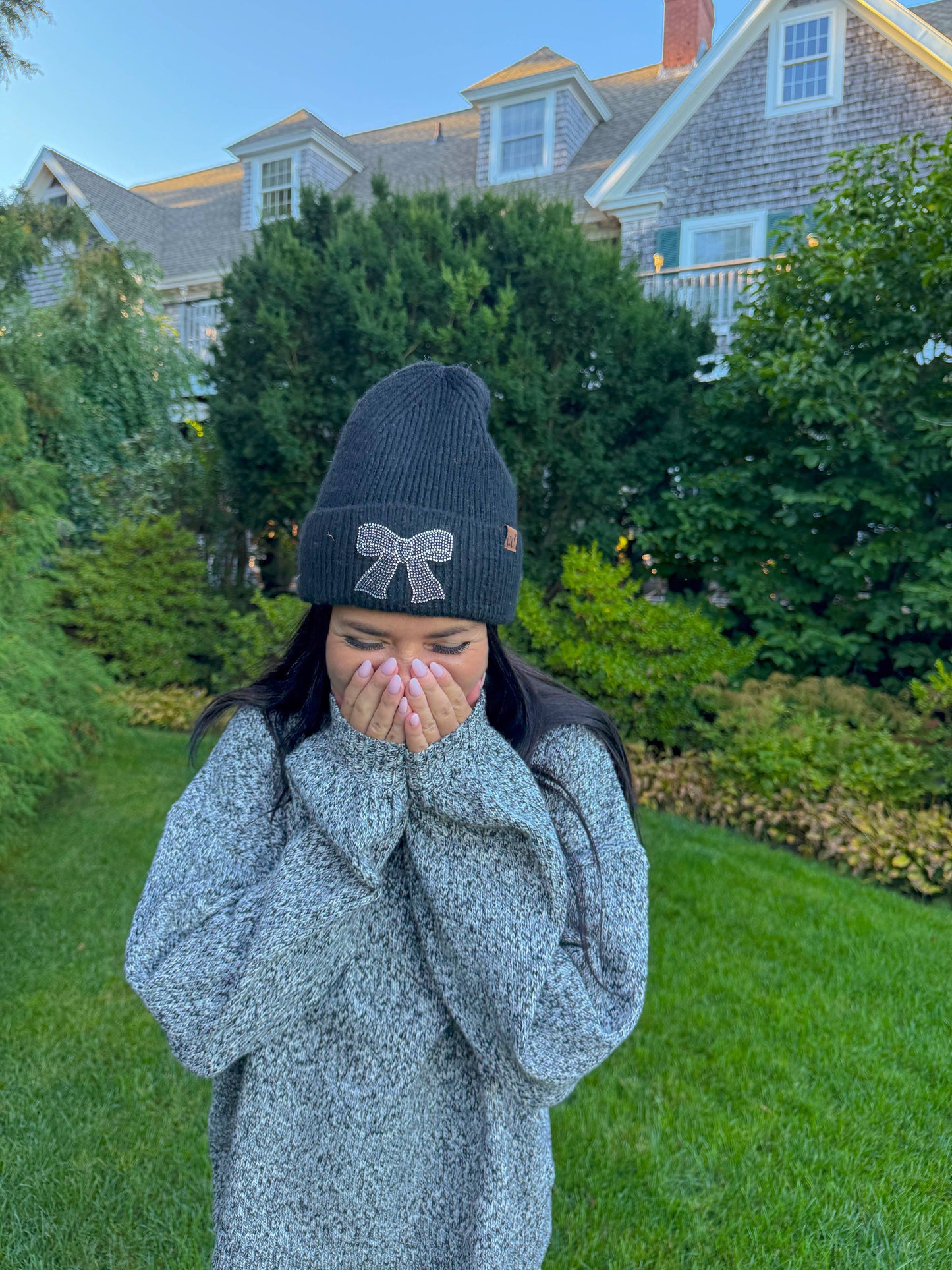 Rhinestone Ribbon Bow Embellishment C.C Beanie HTE0150: Taupe