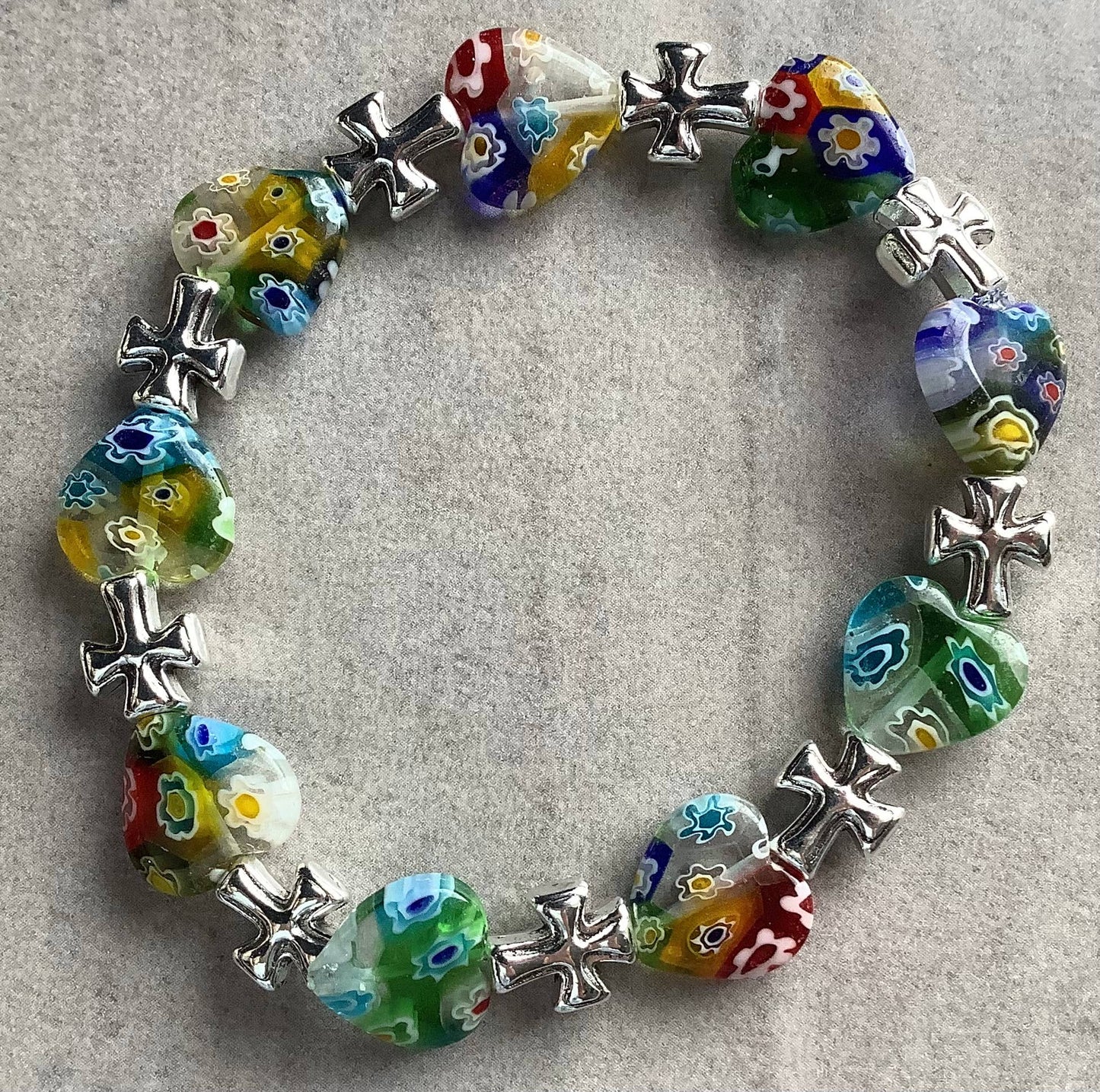 Christian Gift Millefiori Glass Beaded Bracelet Cross