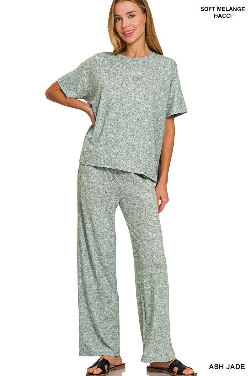 Soft melange short sleeve tee & long pants set