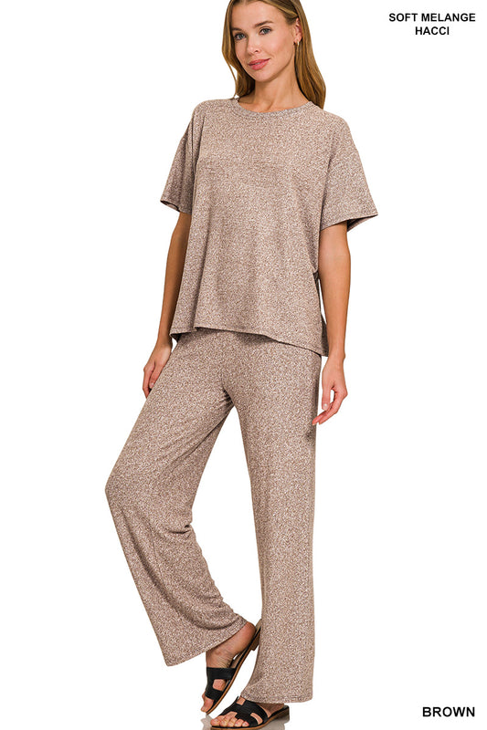 Soft melange short sleeve tee & long pants set Brown