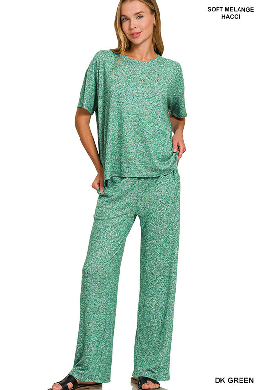Soft melange short sleeve tee & long pants set DK Green