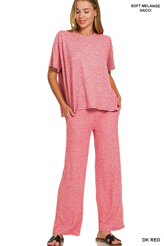 Soft melange short sleeve tee & long pants set DK red