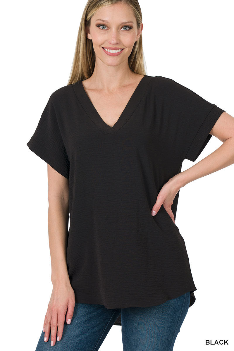 Black Woven airflow v-neck hi-low hem top