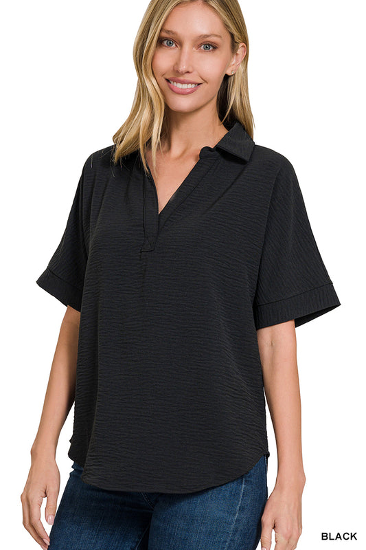 Zenana Woven airflow collared v-neck short sleeve top Black