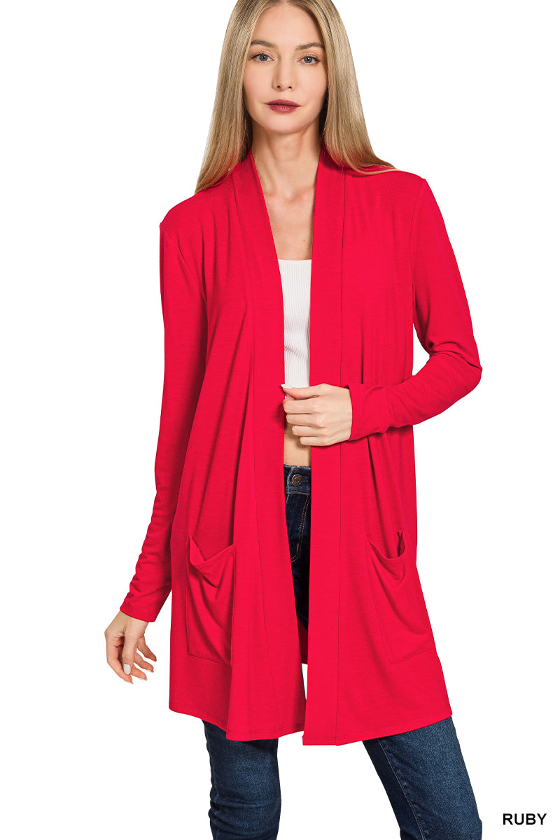 Red Zenana Slouchy pocket open cardigan