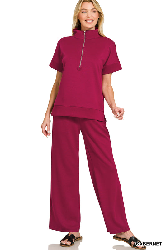 Cabernet Scuba high neck half zip top & pants set