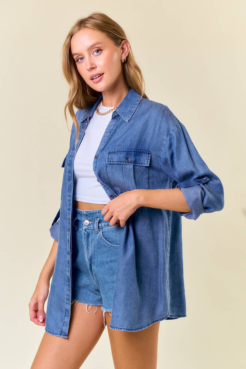 Denim Split V-Neck Lapel Collared Shirt - 44662T: DENIM / L