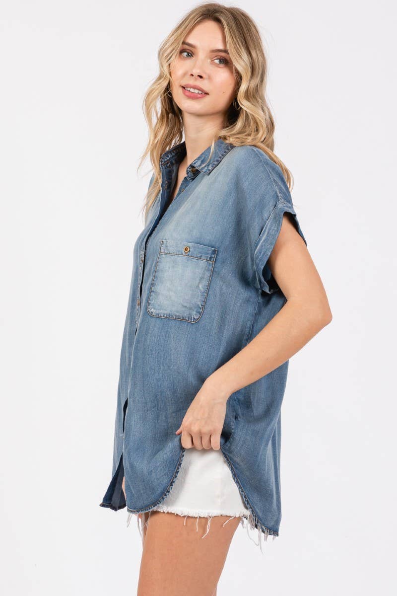 Washed Roll Up Short Sleeve Shirt- Bleachout: BLEACHOUT / L