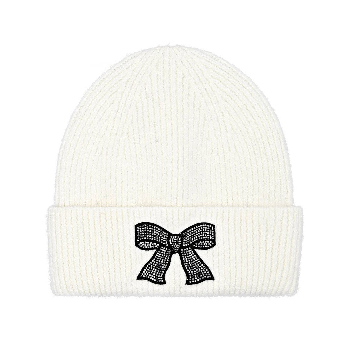 Rhinestone Ribbon Bow Embellishment C.C Beanie HTE0150: Ivory