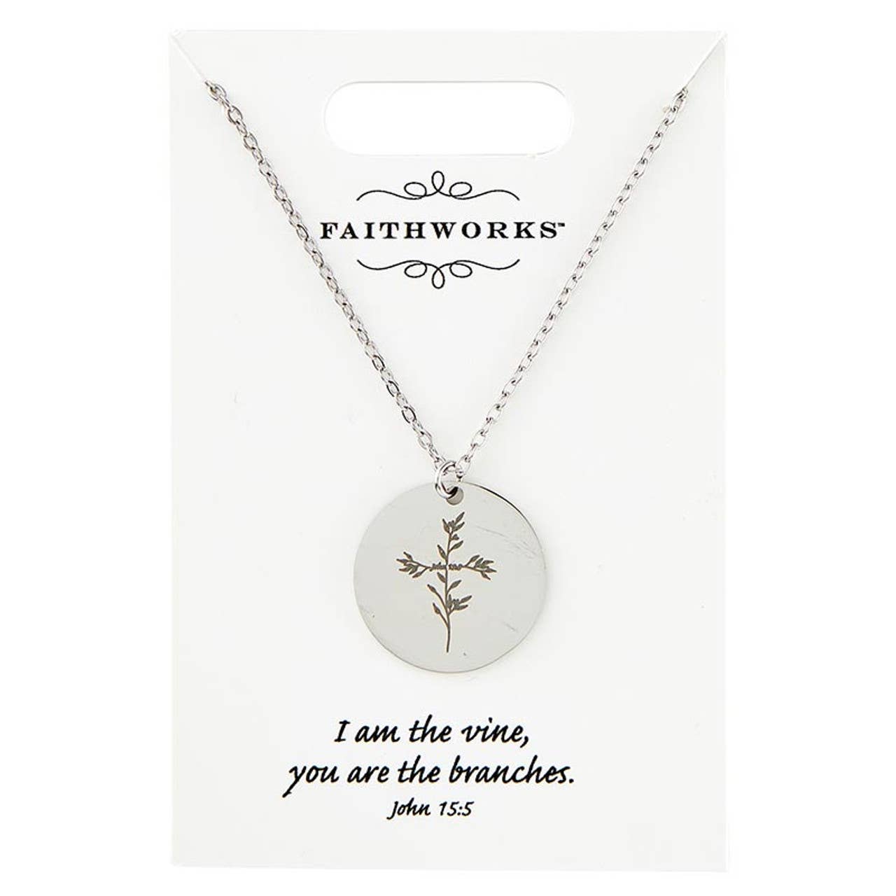 Circle Pendant Necklace - Jesus is the Vine - Silver: Wipe Clean with Damp Cloth / Silver Plated / 15" L x 2" Extender