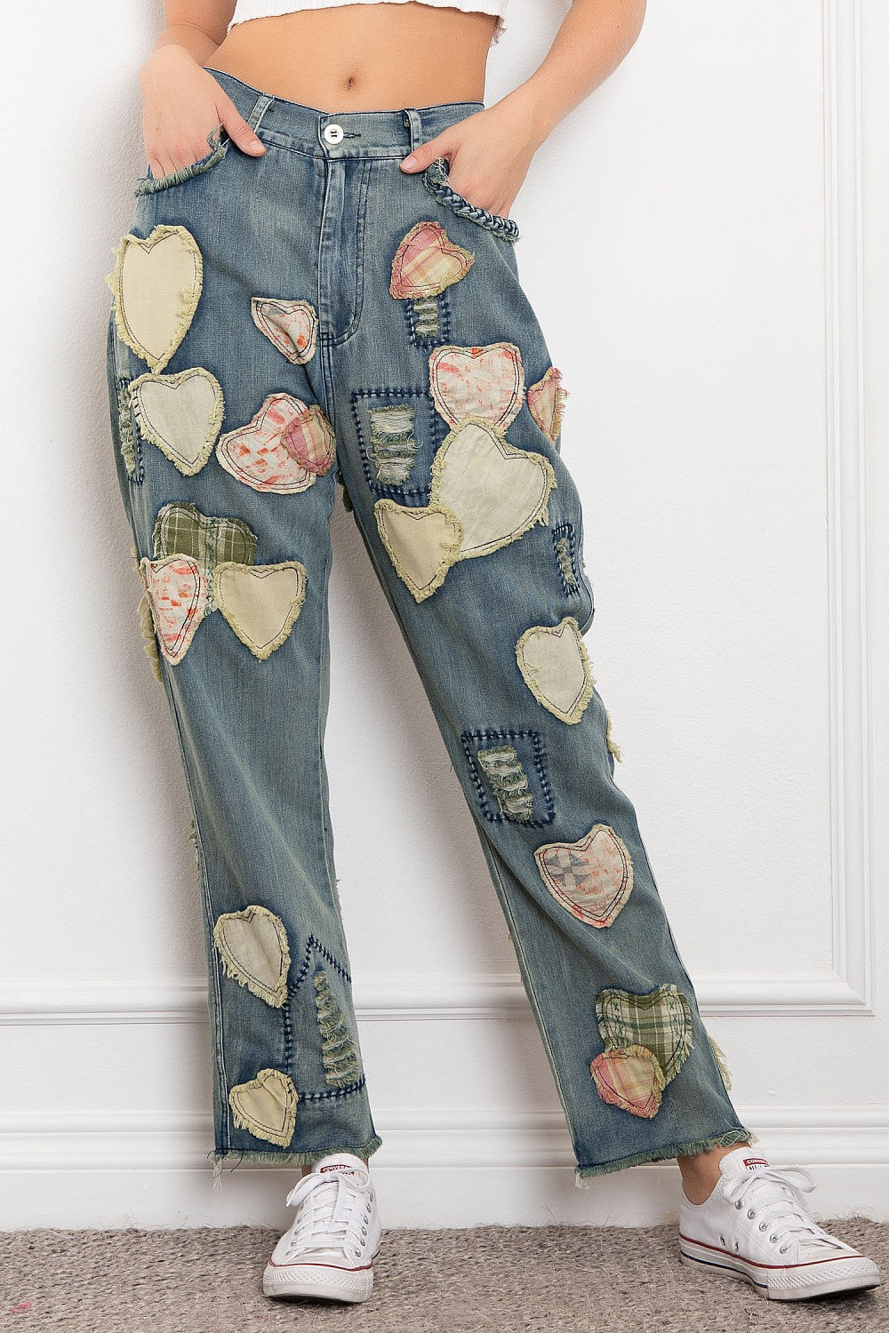 Blue Velvet MULTI PATCHWORK ELASTIC WAIST WASHED DENIM PANTS