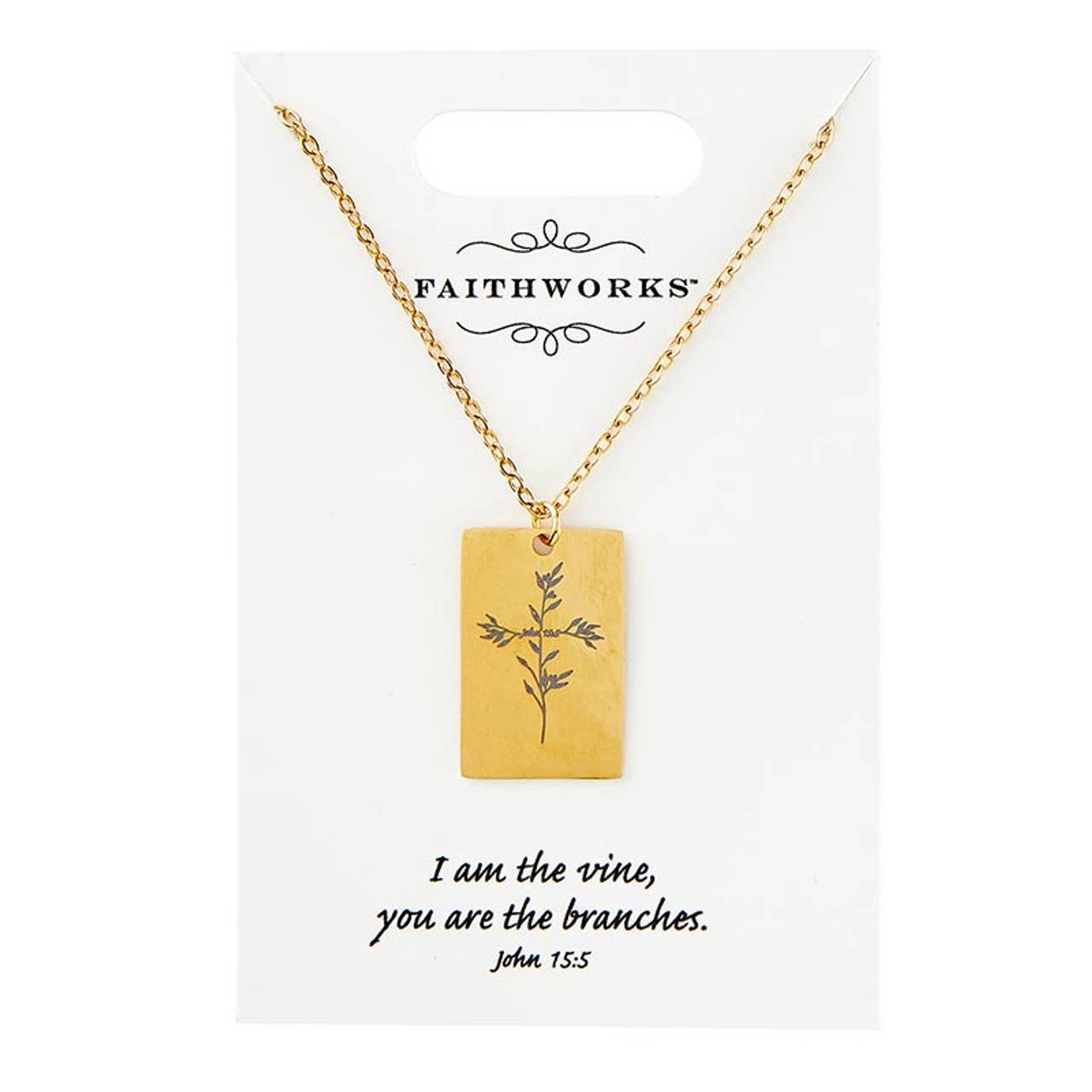 Square Pendant Necklace - Jesus is the Vine - Gold: Wipe Clean with Damp Cloth / Gold Plated / 15" L x 2" Extender