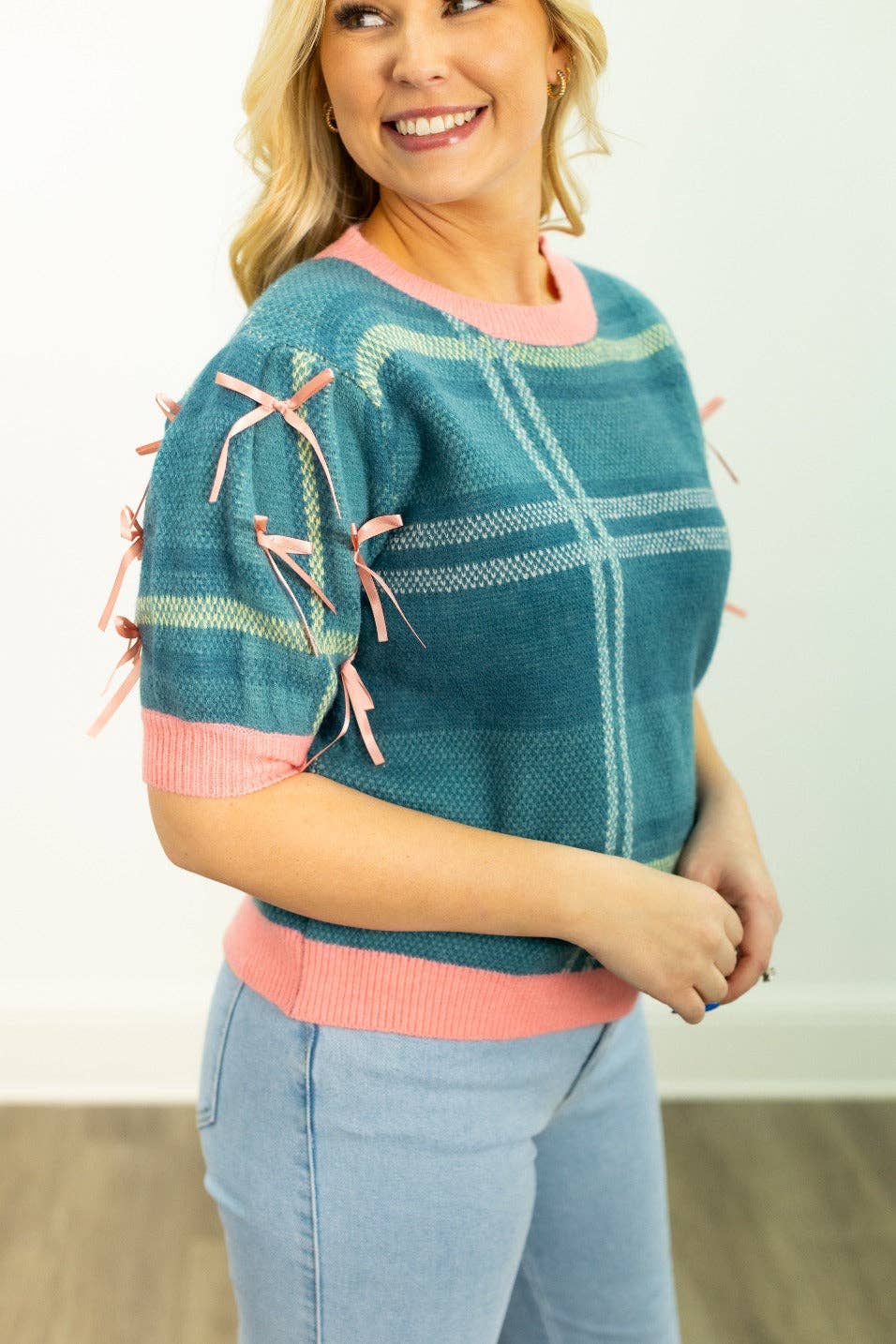 Plaid Sweater with Puff Sleeves: Turquoise