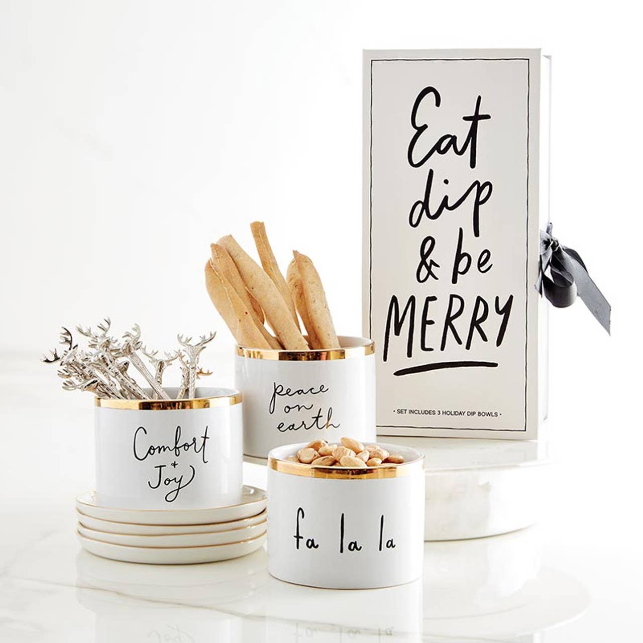 Gold Holiday Dip Bowls Book Box - Eat, Dip & Be Merry: Hand Wash Only / Ceramic