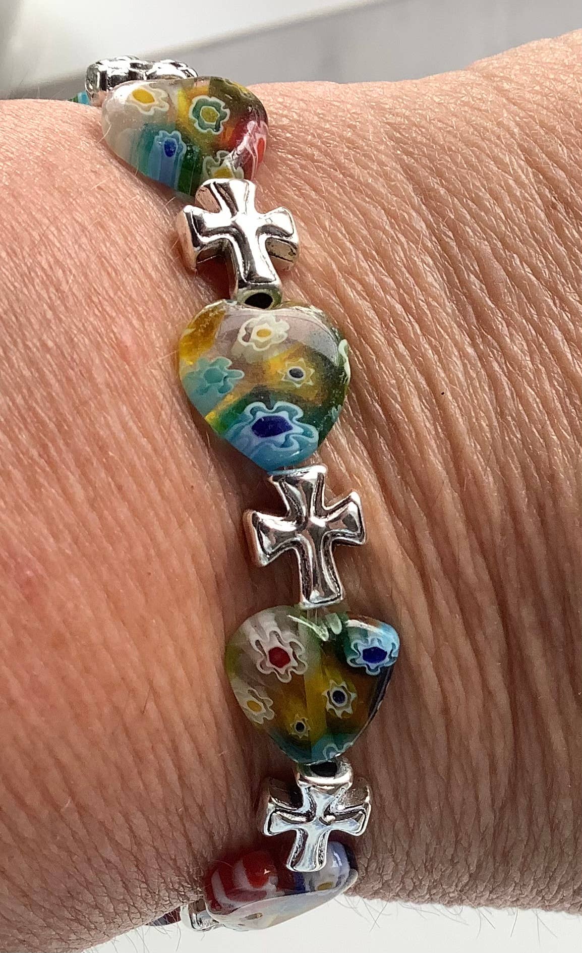 Christian Gift Millefiori Glass Beaded Bracelet Cross