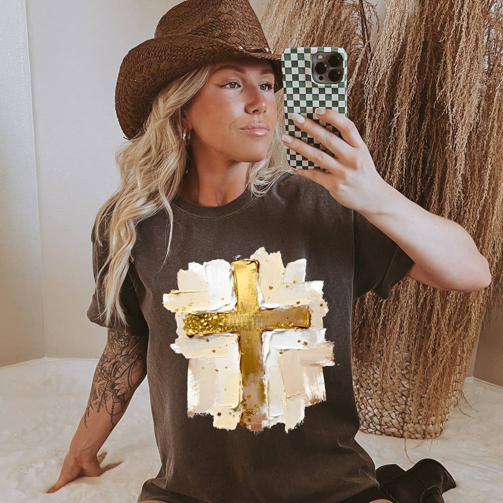 Faux Painted Gold Cross DTF Heat Transfer: Adult