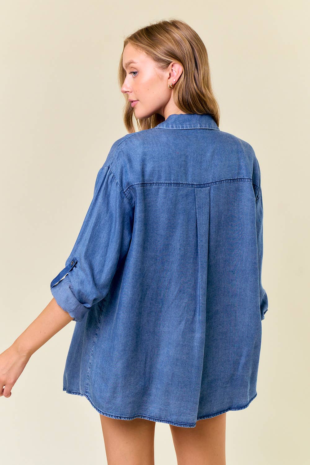 Denim Split V-Neck Lapel Collared Shirt - 44662T: DENIM / L