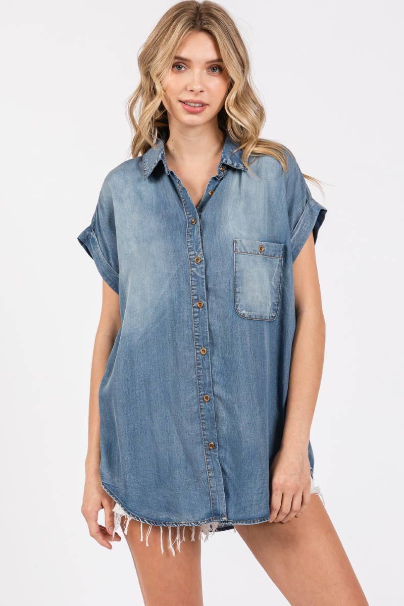 Washed Roll Up Short Sleeve Shirt- Bleachout: BLEACHOUT / L