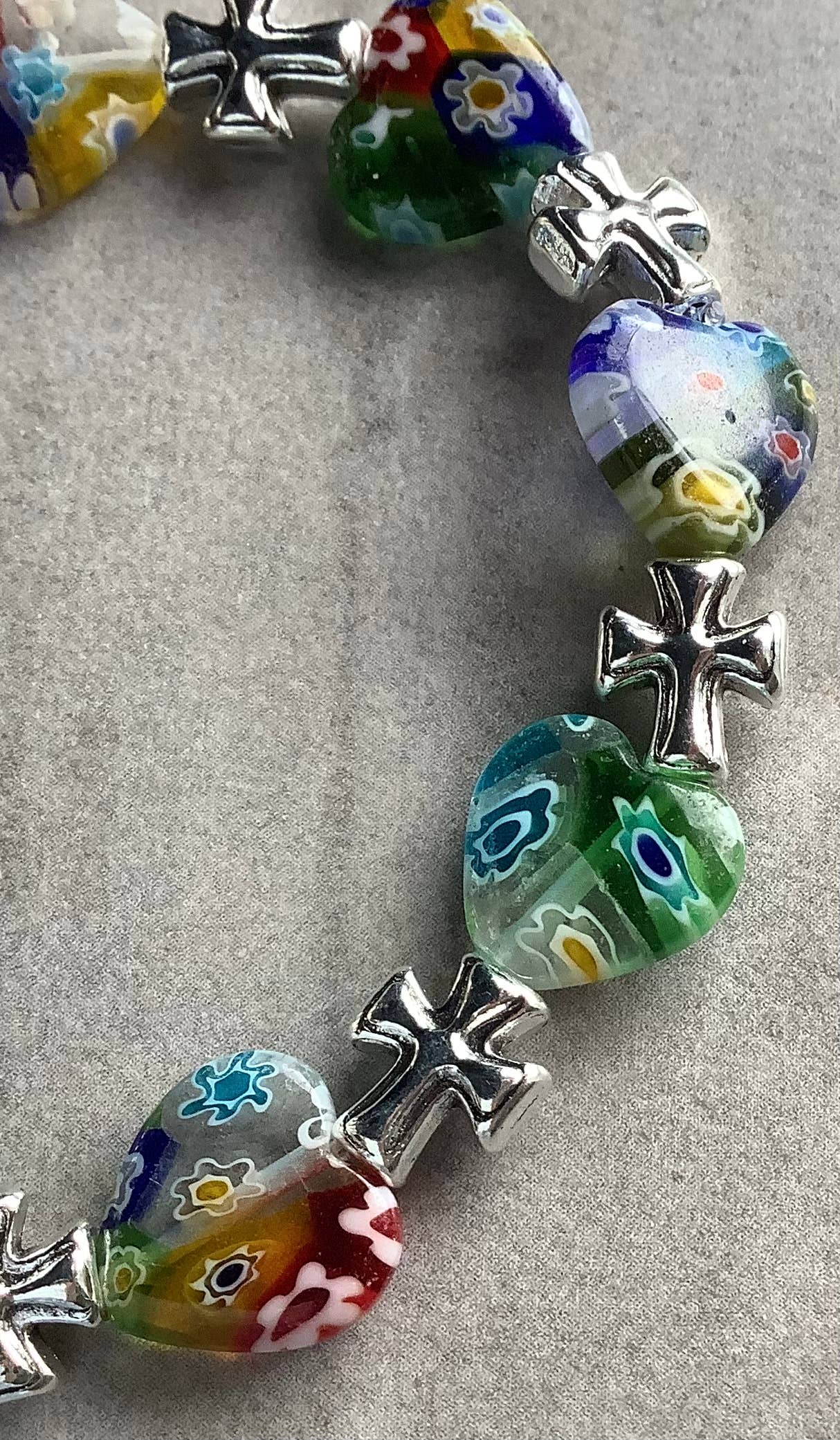 Christian Gift Millefiori Glass Beaded Bracelet Cross