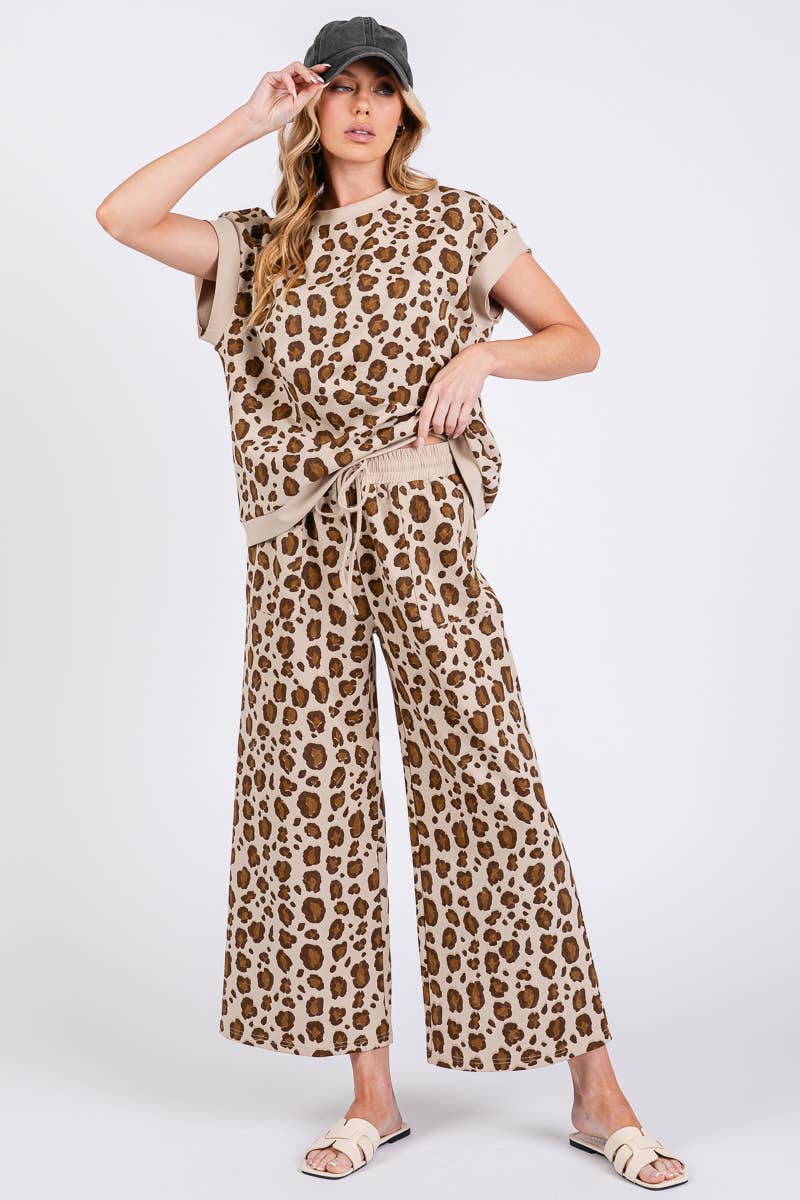 LEOPARD PRINT SCUBA TOP AND PANTS SETS: BROWN MULTI /