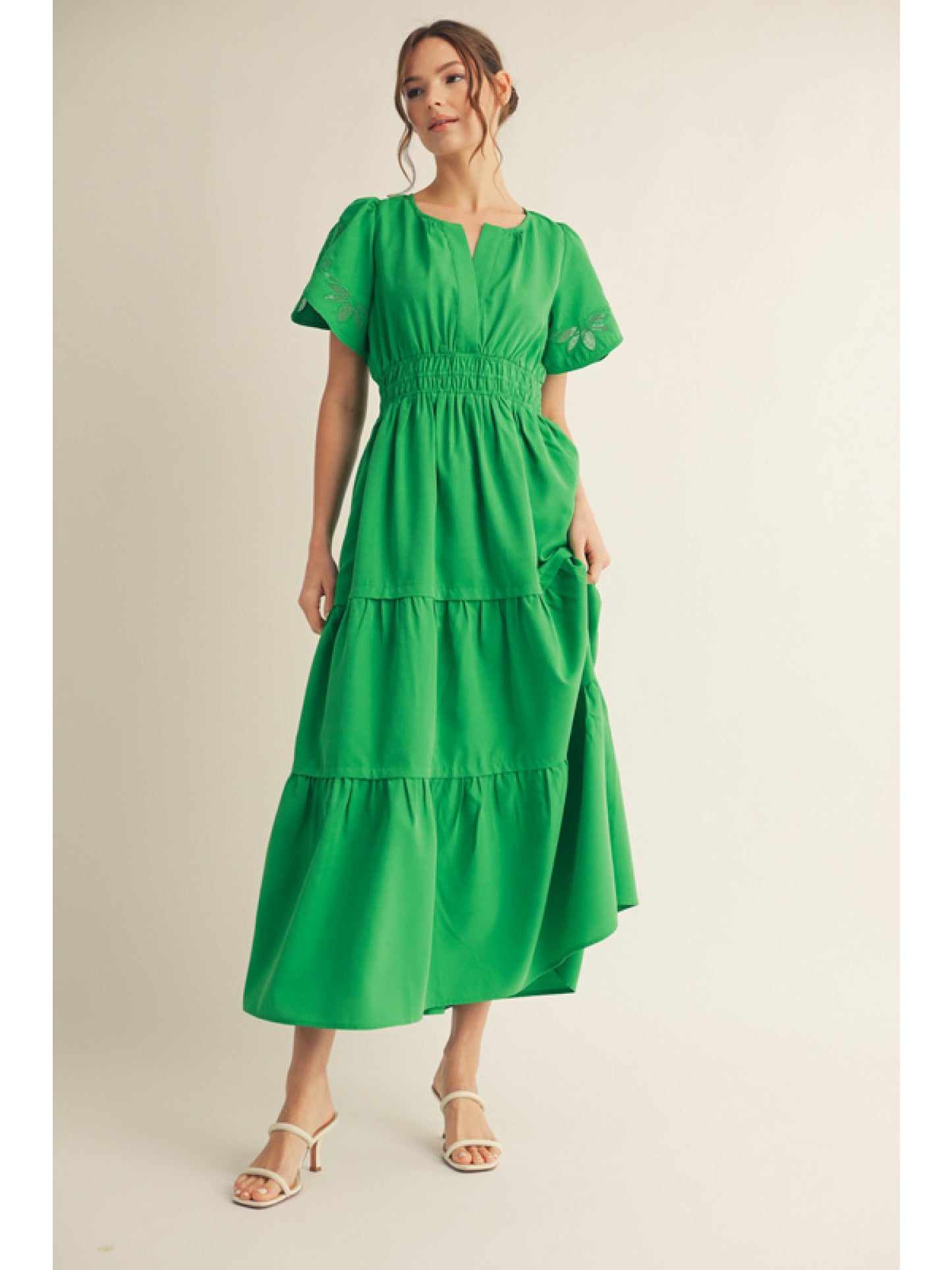 Jodifl Green Dress with Embroidered Sleeve