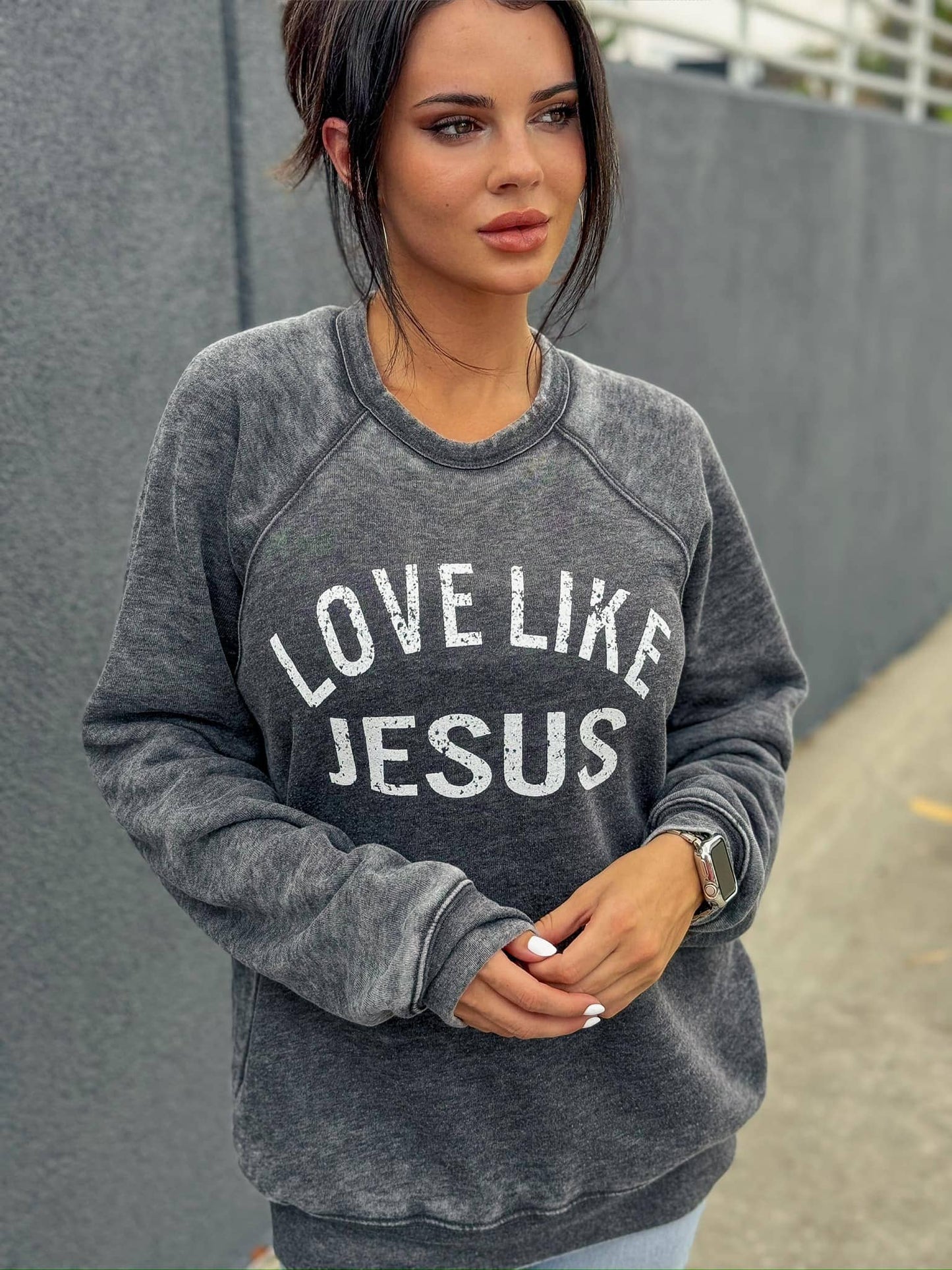 Love Like Jesus | Long Sleeve | Fleece  |Grey Acid Wash: Small