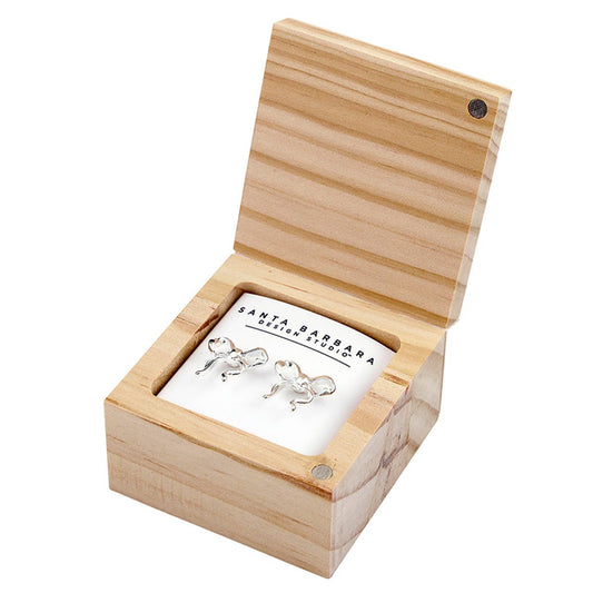 Treasure Box Bow Earring - Darling Daughter: Pine Wood, Zinc Alloy, Glass / 0.5 W x 0.5 H, Box: 2 SQ x 1.25 H