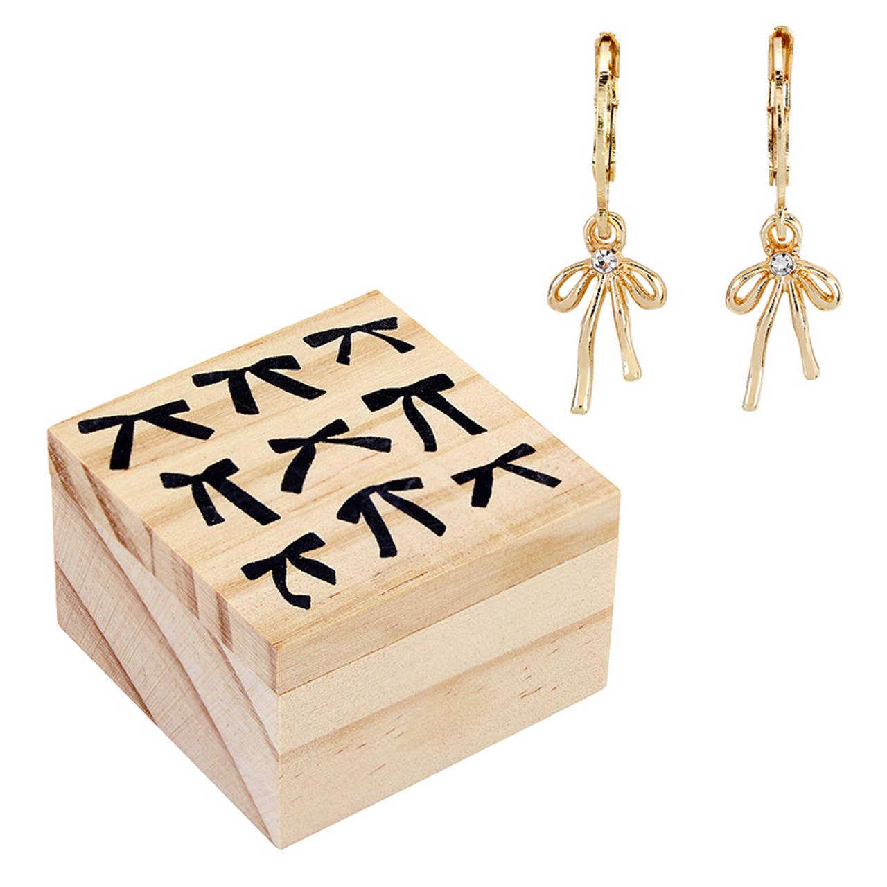 Treasure Box Bow Earring - Bows: Pine Wood, Zinc Alloy, Glass / 0.35 W x 1.2 H, Box: 2 SQ x 1.25 H
