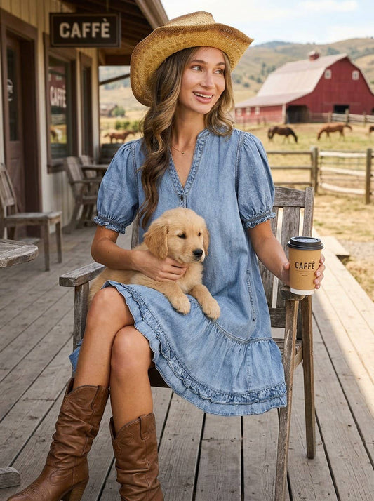 Ruffle Hem Tencel Chambray Midi Dress