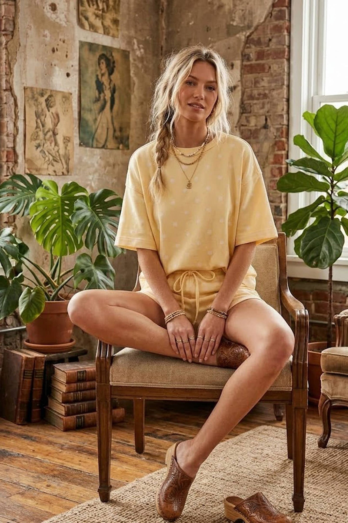 Polka Dot Heavy Scuba Top and Shorts Set: LT YELLOW/WHITE